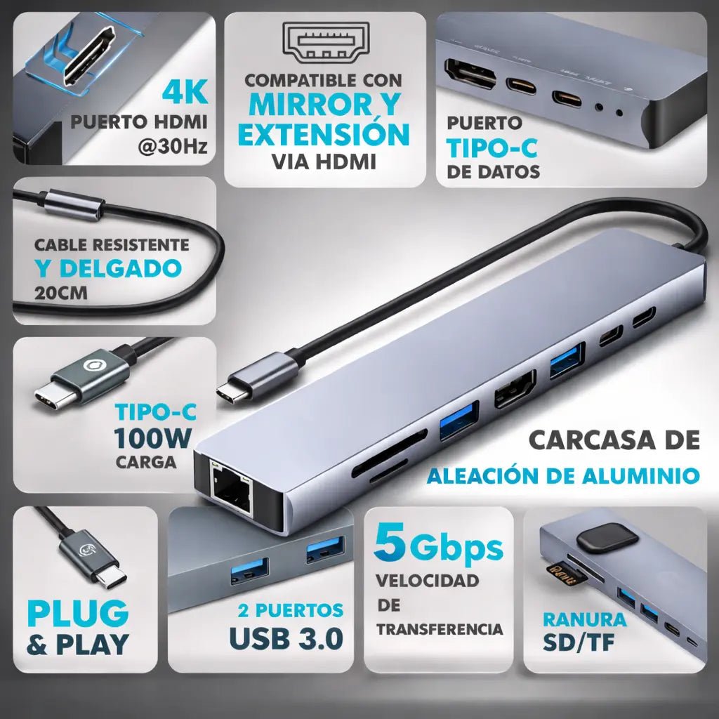Hub Usb 8 en 1 Adaptador Multitoma HDMI 4K